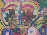 a painting of a man driving a car with a dog in the back