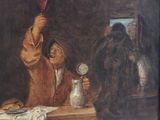 a painting of a man holding a wine glass in front of a table