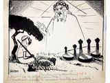 an image of a drawing of a man with a goat in a field