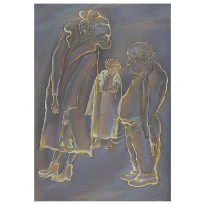une peinture représentant un homme et une femme debout l'un à côté de l'autre