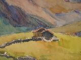 a watercolor painting of a house in the mountains