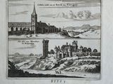 an old drawing of a church and a castle on a hill