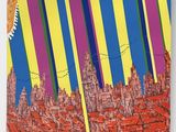 an image of a painting of a city with buildings and a rainbow colored sky