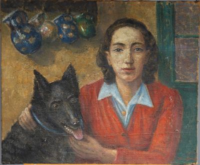tableau représentant une femme et un chien dans une pièce