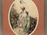 painting of a woman in a green dress holding a flower in her right hand