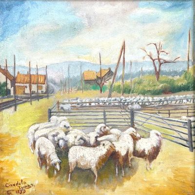 painting of a herd of sheep standing in a fenced in area