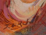 an image of a painting of a woman ' s face with a red background