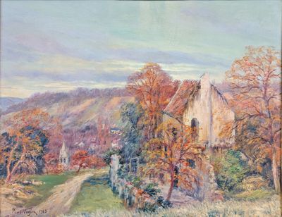 an image of a painting of a house in the country