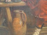 un tableau représentant un homme assis à une table devant une assiette de nourriture