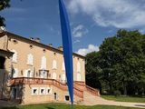 a large blue sculpture in front of a building