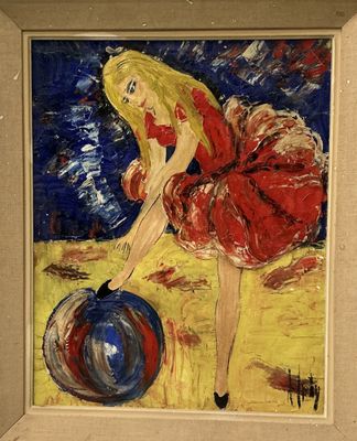 un tableau représentant une femme en robe rouge jouant avec un ballon
