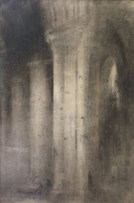 une image d'un tableau représentant un homme debout devant un bâtiment