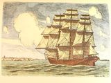 dessin représentant un voilier en pleine mer, avec des nuages en arrière-plan