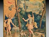 une image représentant une tapisserie sur laquelle figure une femme et deux enfants