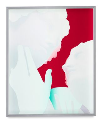 a red and white photo of a man and a woman kissing