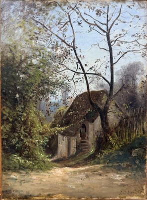 an oil painting of a house in a wooded area with trees