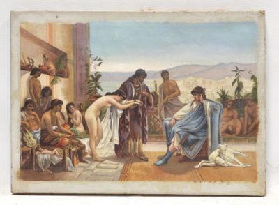 a painting of a man giving a woman something to a man