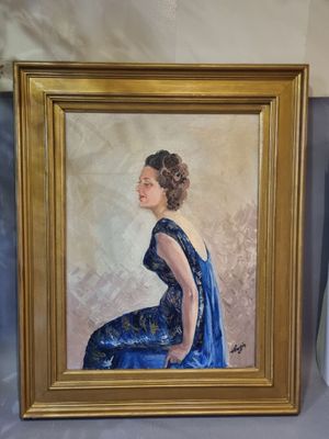a painting of a woman in a blue dress next to a vase