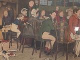 a painting of a group of people sitting around a table