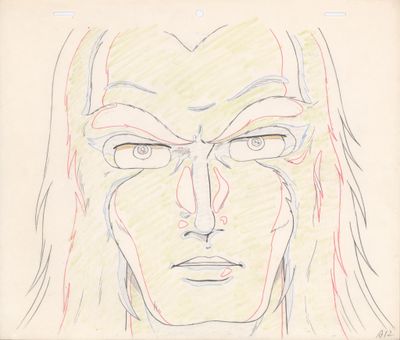 dessin représentant une femme aux cheveux longs et portant des lunettes, devant le dessin d'un visage