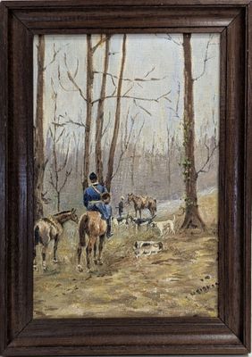 tableau représentant un homme à cheval accompagné d'une meute de chiens dans un environnement boisé
