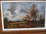 an oil painting of a field with trees and a barn in the distance