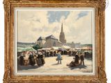 an oil painting of a group of people at an outdoor market