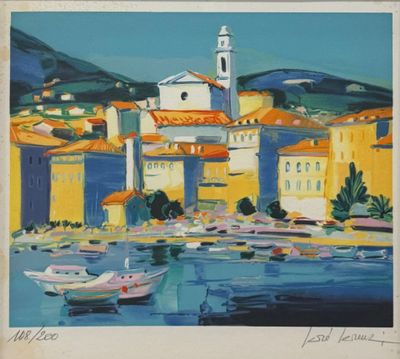 une image d'une peinture de bateaux dans un port avec des bâtiments en arrière-plan