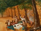 a painting of a group of people sitting around a table