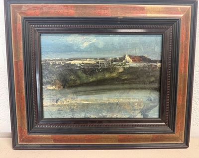 an oil painting of a view of a town and a river