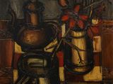 tableau représentant une nature morte composée de fleurs dans un vase et d'une théière posés sur une table
