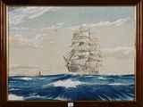 une peinture à l'huile représentant un voilier en pleine mer, avec un autre voilier en arrière-plan