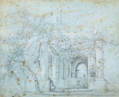 drawing of a horse and rider in front of a building with a fountain