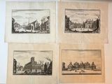 Quatre gravures représentant des bâtiments anciens sont accrochées au mur.