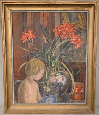 un tableau représentant un enfant en train de lire un livre à côté d'un vase de fleurs