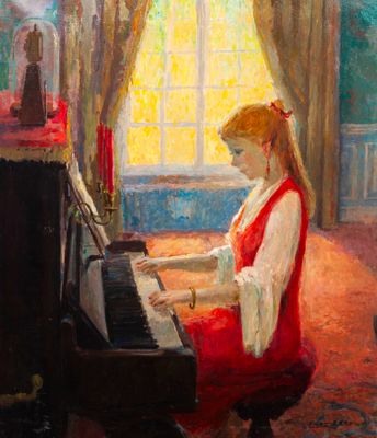 an oil painting of a woman in a red dress playing a piano