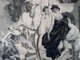 a drawing of a man riding a horse next to a woman