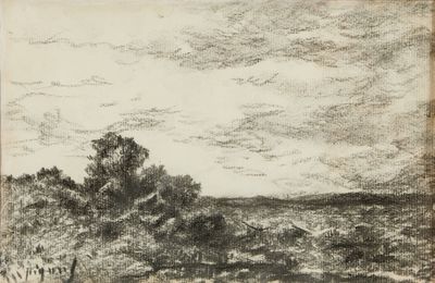 une image représentant un dessin de paysage avec des arbres et une rivière