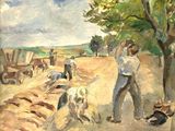 un tableau représentant un homme et un chien dans un champ