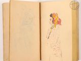 an open book with a drawing of a woman holding a flower