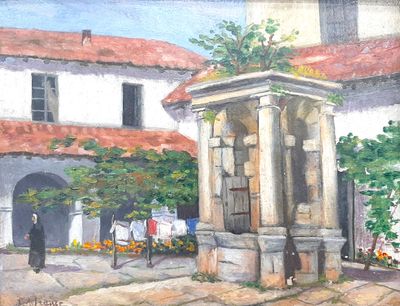 a painting of a building with a fountain in front of it