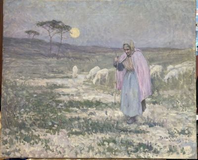a painting of a man and a woman walking in a field with sheep