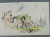 a watercolor painting of a building with a clock tower in the background