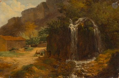 une image représentant une peinture d'une cascade dans un paysage montagneux