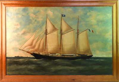 an oil painting of a sailboat in the ocean on a cloudy day