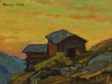 une peinture à l'huile représentant une cabane dans la montagne, avec un coucher de soleil en arrière-plan