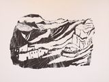 un dessin en noir et blanc représentant un rocher avec une montagne en arrière-plan