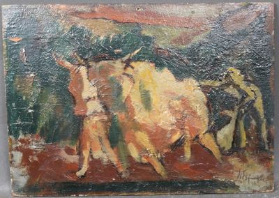 tableau représentant un homme menant une vache, avec un homme à vélo