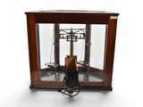 an image of a wooden and glass display case with a clock on it