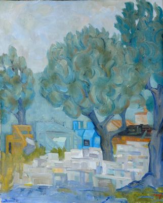 une peinture à l'huile représentant une maison bleue et des arbres au bord d'une rivière